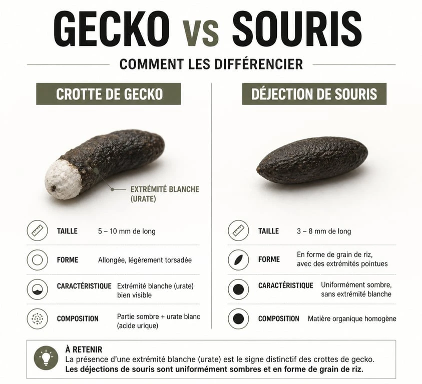 Comparaison visuelle entre une crotte de gecko avec urate blanc et une crotte de souris pour identification