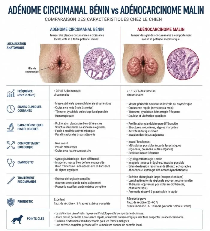 Infographie comparative des tumeurs péri-anales chez le chien : circumanalome bénin vs adénocarcinome malin