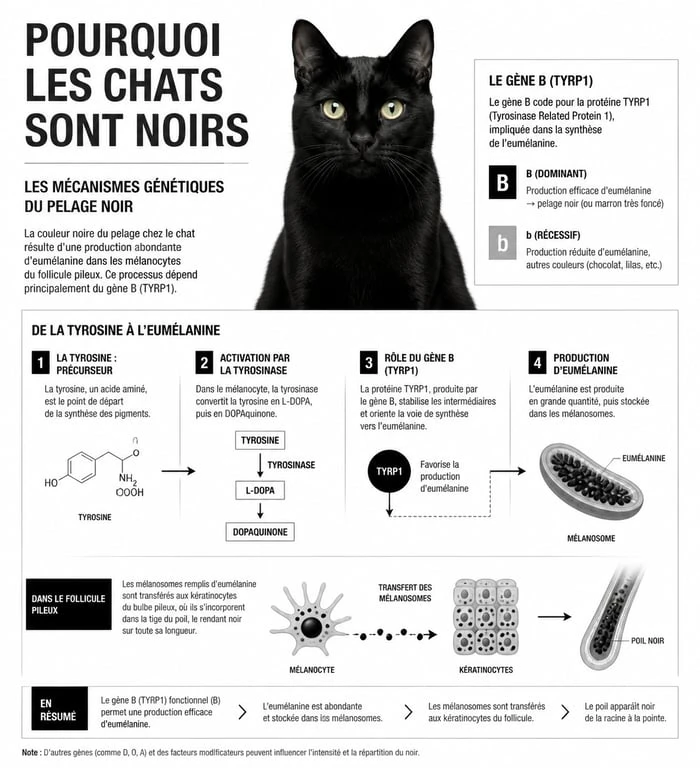 Infographie expliquant la génétique et les caractéristiques du chat noir