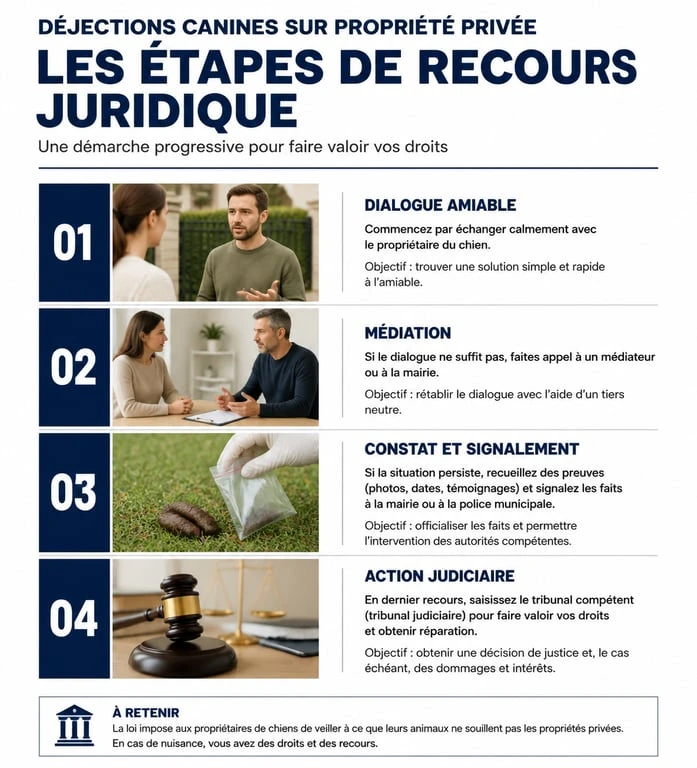 Infographie des étapes de recours juridique pour déjection canine sur propriété privée