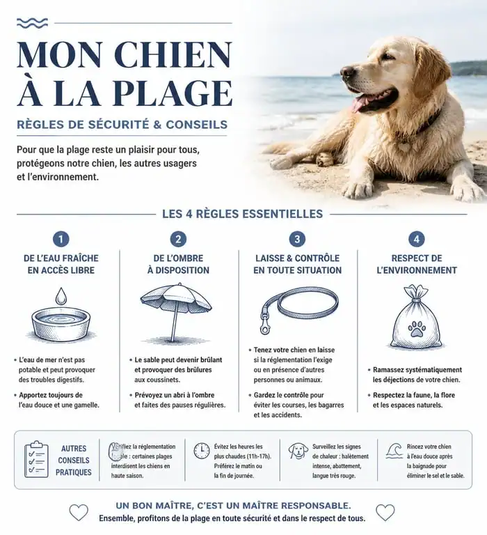 Infographie des conseils pour une sortie plage autorisée aux chiens en toute sécurité