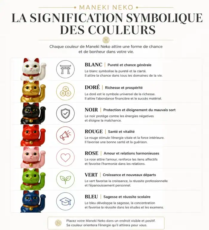 Infographie des significations des couleurs du chat porte-bonheur Maneki Neko