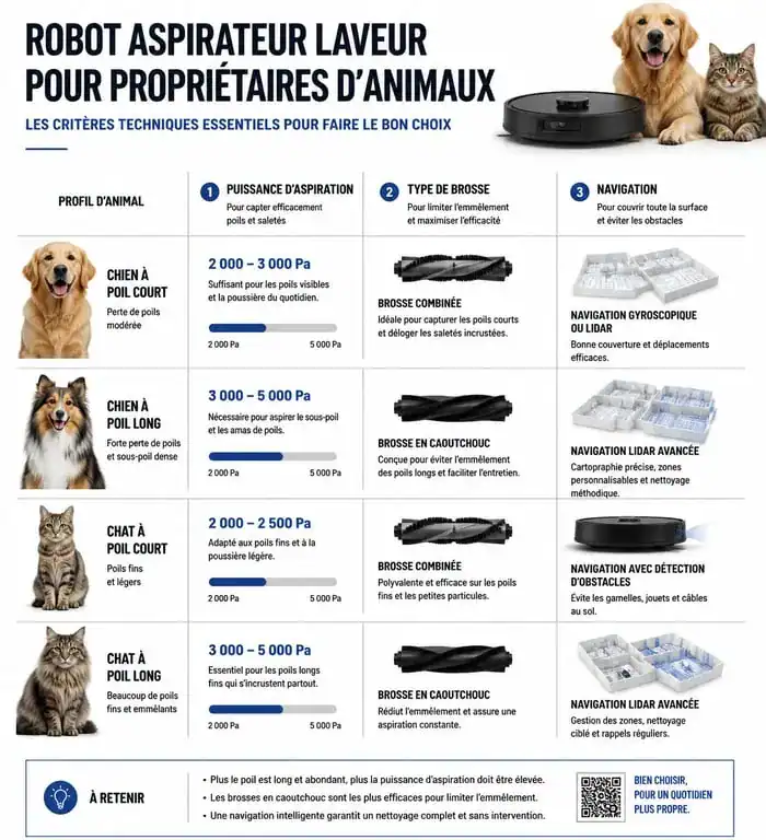 Infographie comparative des critères techniques pour choisir le meilleur robot aspirateur laveur pour animaux domestiques