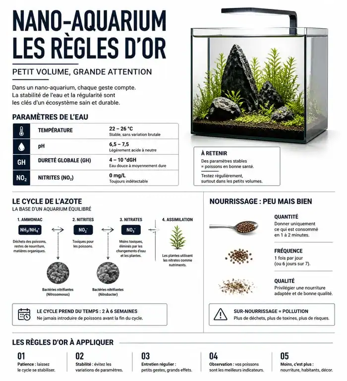Infographie des règles d'or pour l'entretien d'un aquarium pour petit poisson