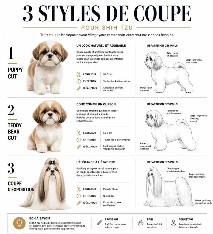 Comparatif des styles de coupe pour Shih Tzu : Puppy Cut, Teddy Bear et exposition