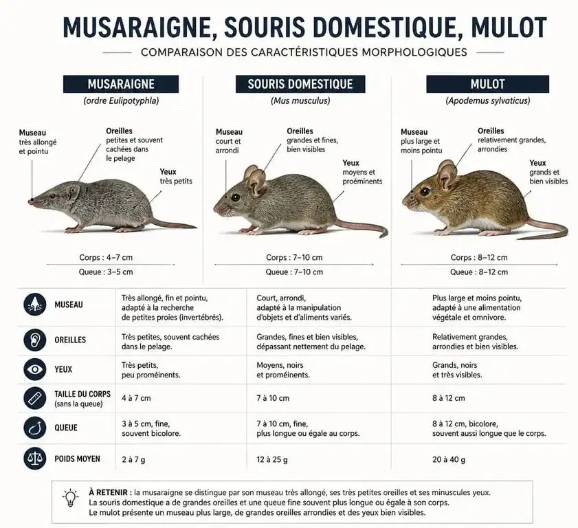 Comparatif visuel pour identifier une musaraigne, une souris ou un mulot dans la maison