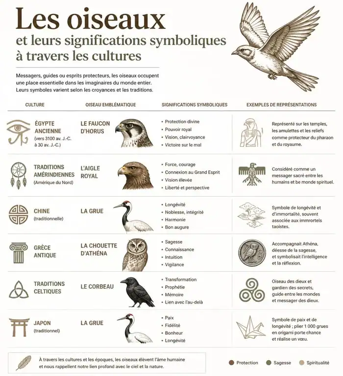 Infographie sur la signification symbolique d'un oiseau mort dans différentes cultures et traditions