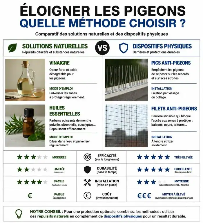 Infographie comparative des méthodes pour éloigner les pigeons de son domicile