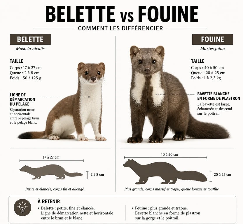 Infographie comparative illustrant les différences physiques entre une belette et une fouine pour faciliter leur identification.