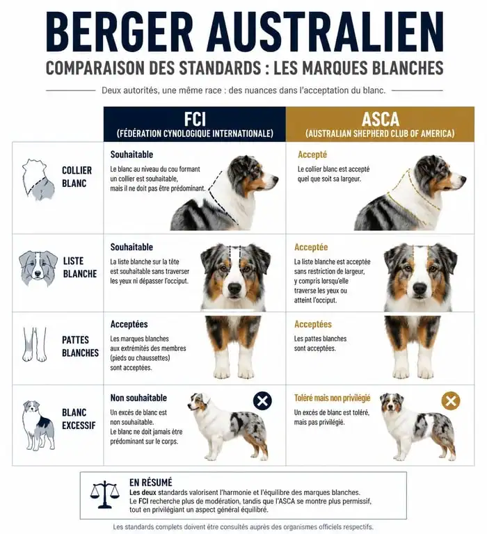 Infographie comparative des standards de race pour le berger australien blanc et le risque de blanc envahissant