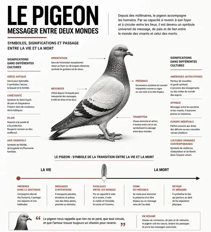 Infographie sur la symbolique du pigeon mort et sa signification spirituelle et culturelle