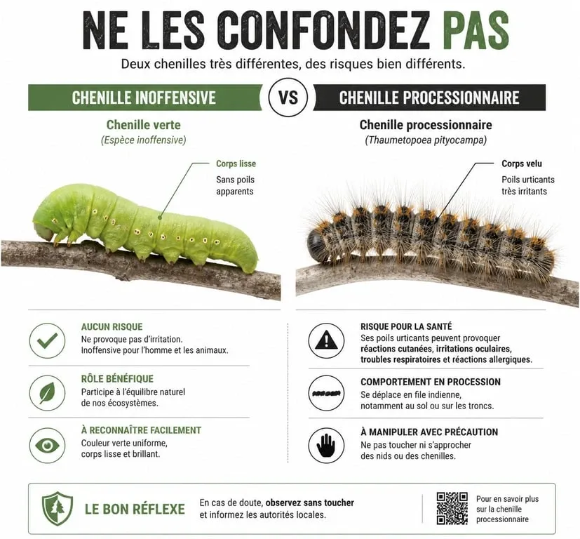 Infographie comparative pour identifier une chenille verte fluo dangereuse ou inoffensive