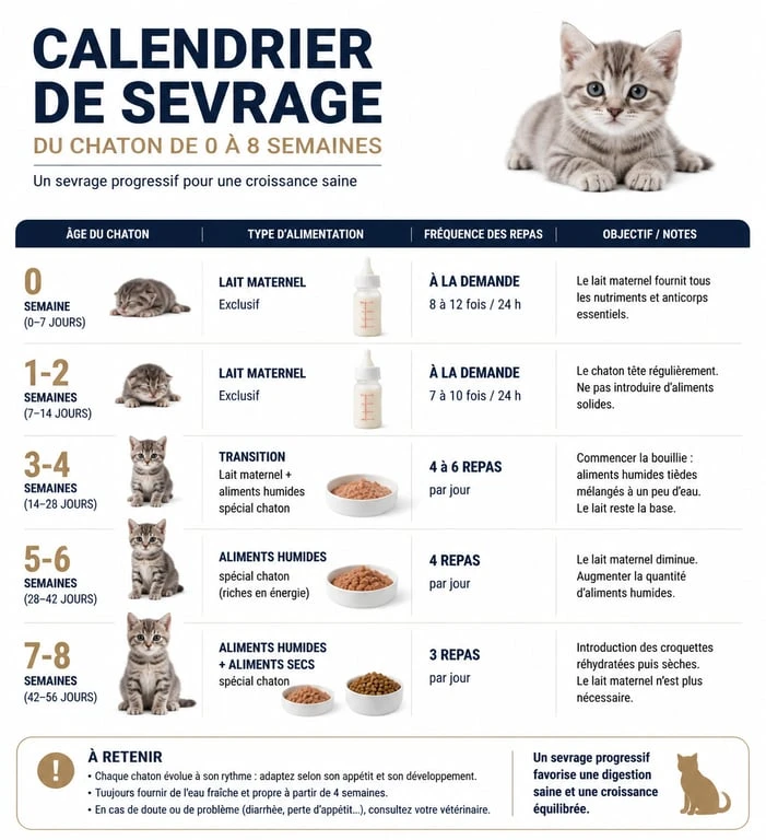 Infographie du calendrier de sevrage pour chaton non sevré