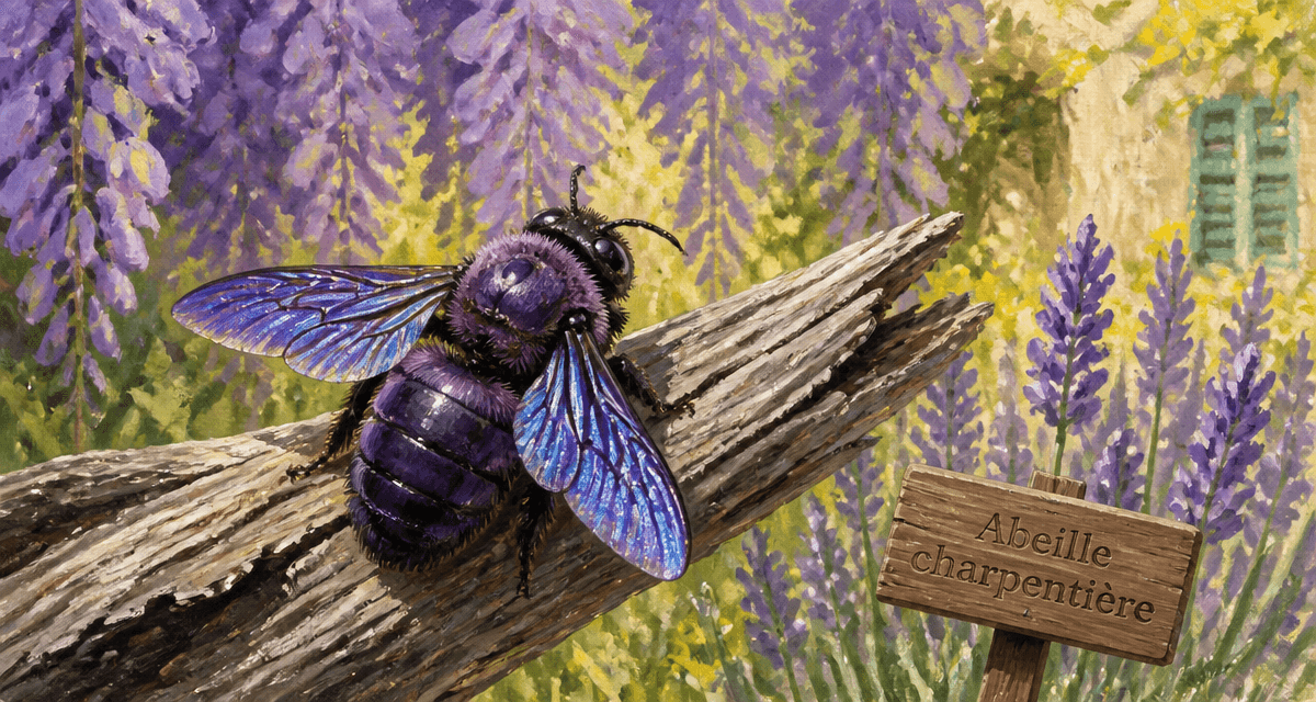 gros bourdon noir dangereux Xylocope violet sur branche