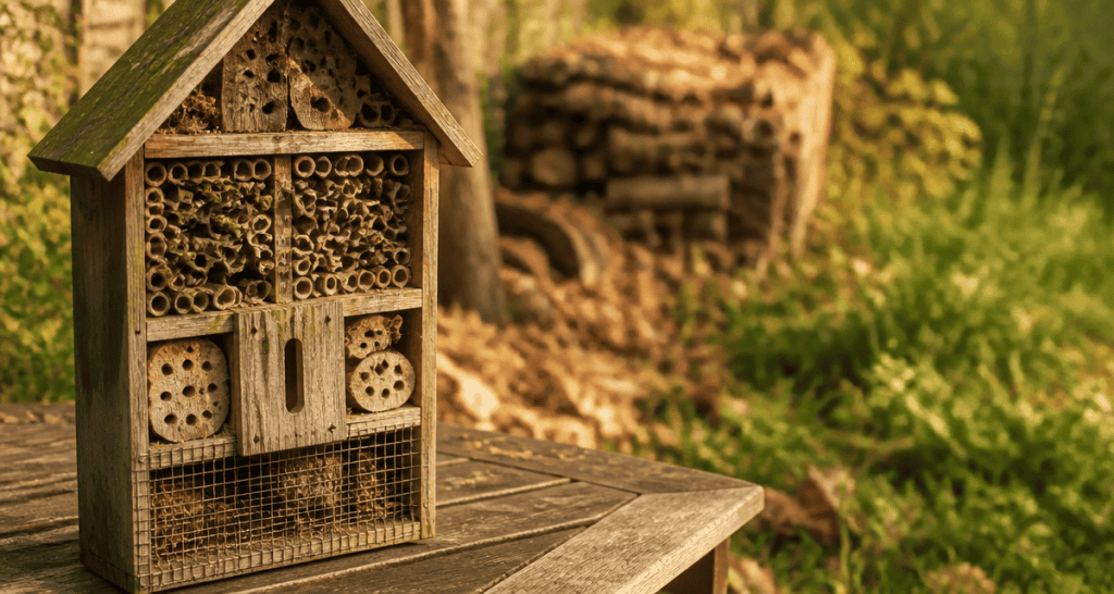 Hôtel à insectes inconvénients, modèle en bois usé sur table, alternatives naturelles en arrière-plan