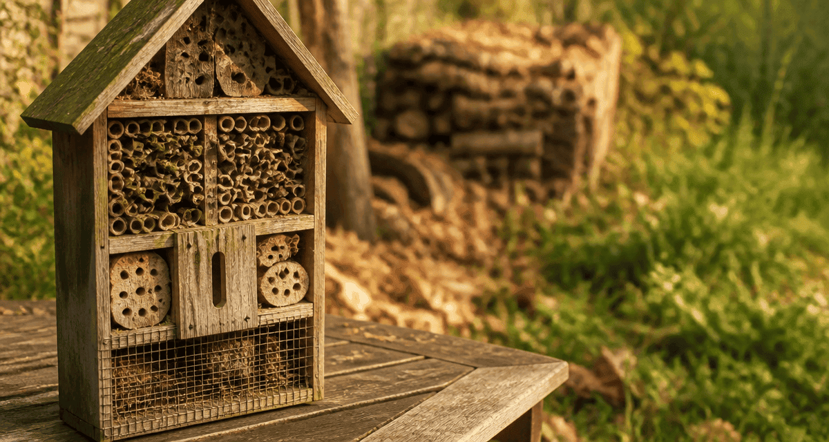 Hôtel à insectes inconvénients, modèle en bois usé sur table, alternatives naturelles en arrière-plan