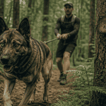 malinois croisé husky sportif en forêt