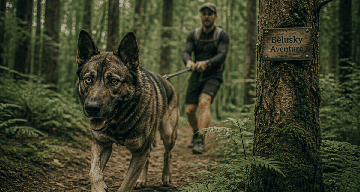 malinois croisé husky sportif en forêt