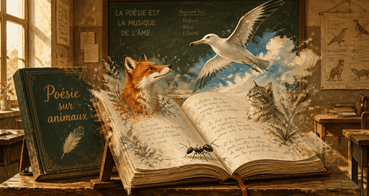poésie sur animaux livre ouvert et animaux stylisés