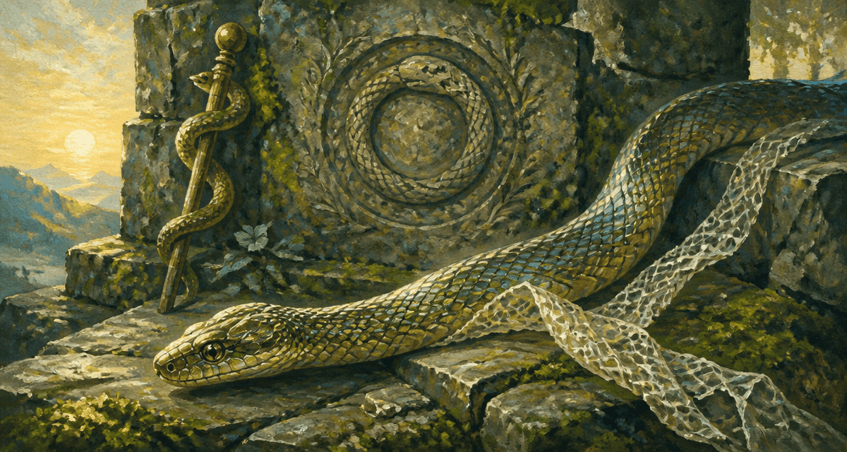 serpent signification spirituelle entre pierres et bâton d’Asclépios