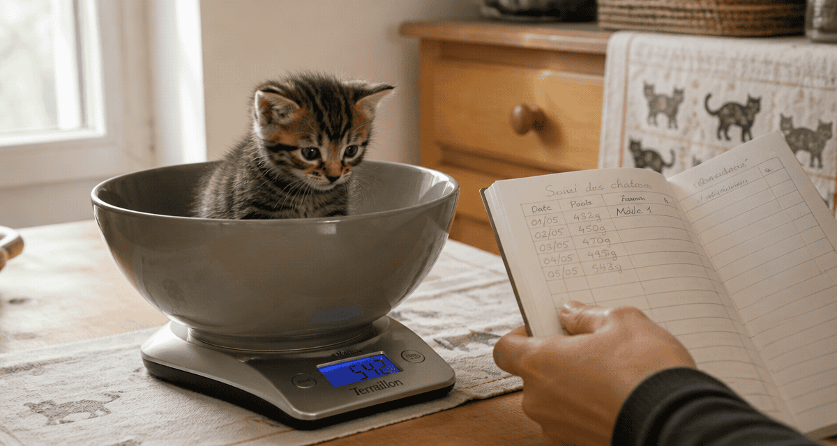 pesée poids d un chaton sur balance électronique