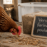 vers de farine pour poules sur planche en bois
