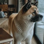 Akita americain caractere : chien crème et roux, regard vigilant près d’une porte vitrée