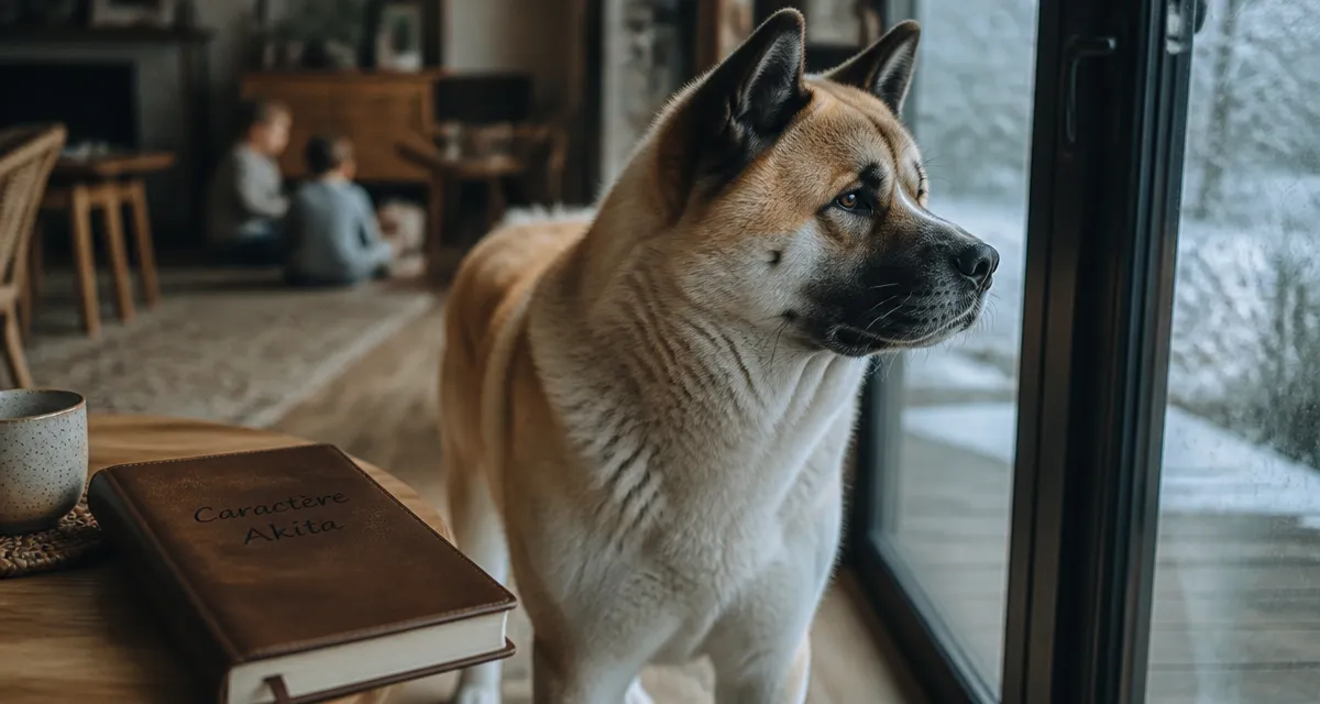 Akita americain caractere : chien crème et roux, regard vigilant près d’une porte vitrée