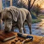 Caractère du braque de Weimar : chien gris argenté, scène de pistage et friandises