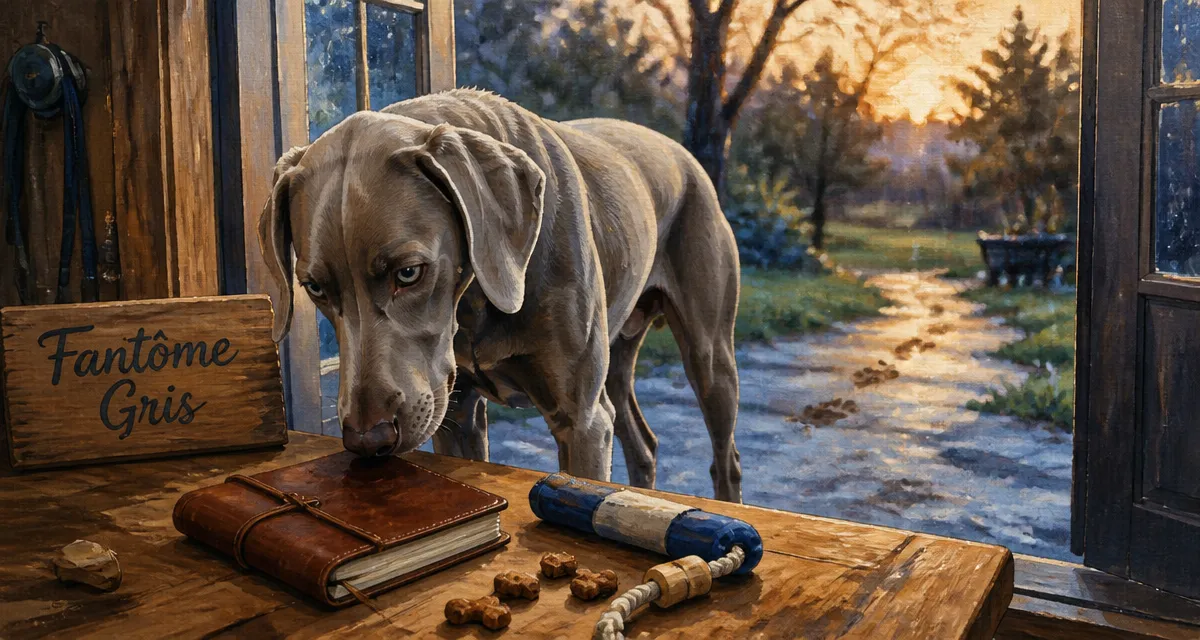 Caractère du braque de Weimar : chien gris argenté, scène de pistage et friandises