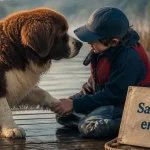 Caractere du terre neuve, grand chien fauve et blanc avec enfant, sauvetage en mer