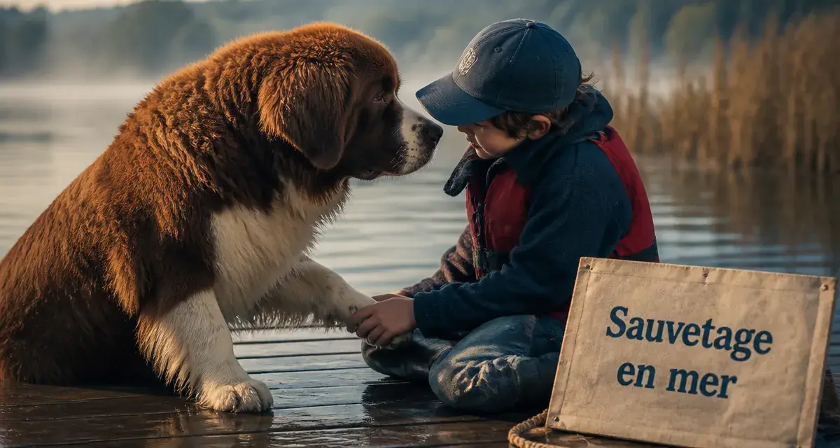 Caractere du terre neuve, grand chien fauve et blanc avec enfant, sauvetage en mer