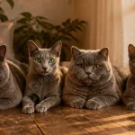 Quatre chats gris bleu de race allongés ensemble