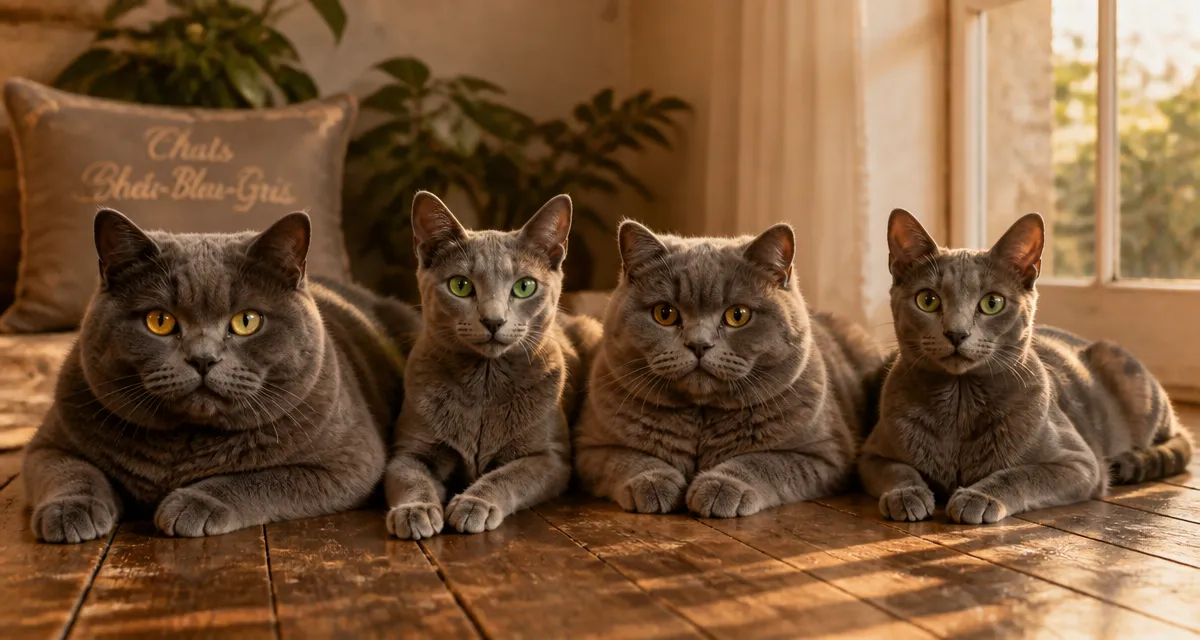 Quatre chats gris bleu de race allongés ensemble