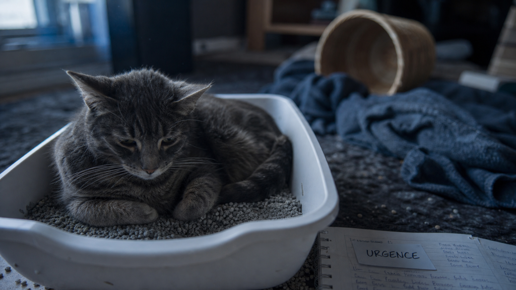 Chat malade qui se couche dans sa litière, urgence vétérinaire
