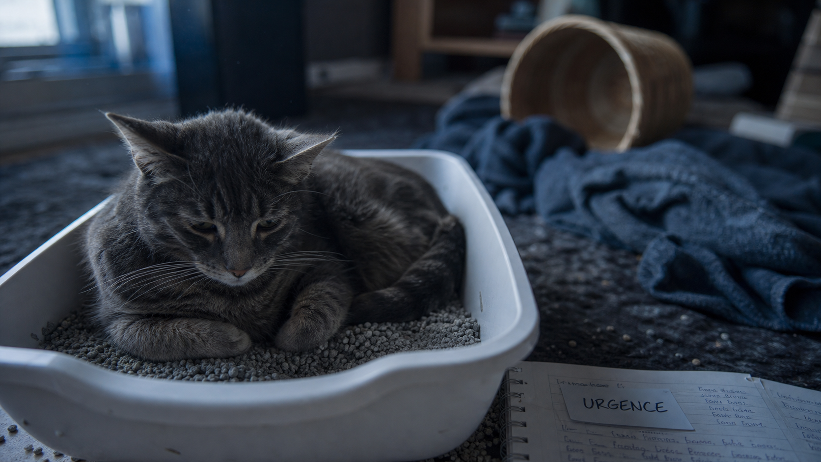 Chat malade qui se couche dans sa litière, urgence vétérinaire