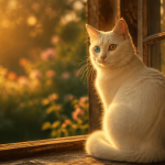 Chat yeux vairons blanc sur rebord de fenêtre