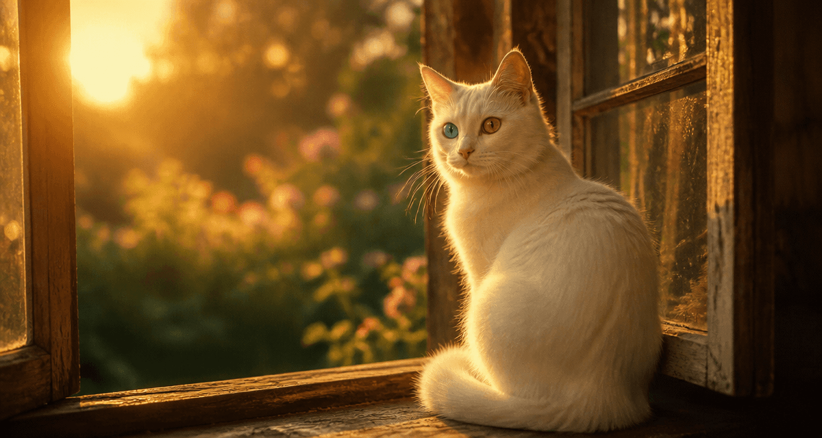 Chat yeux vairons blanc sur rebord de fenêtre