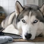 Chien gris blanc bicolore, poil soigné et brosse en toile