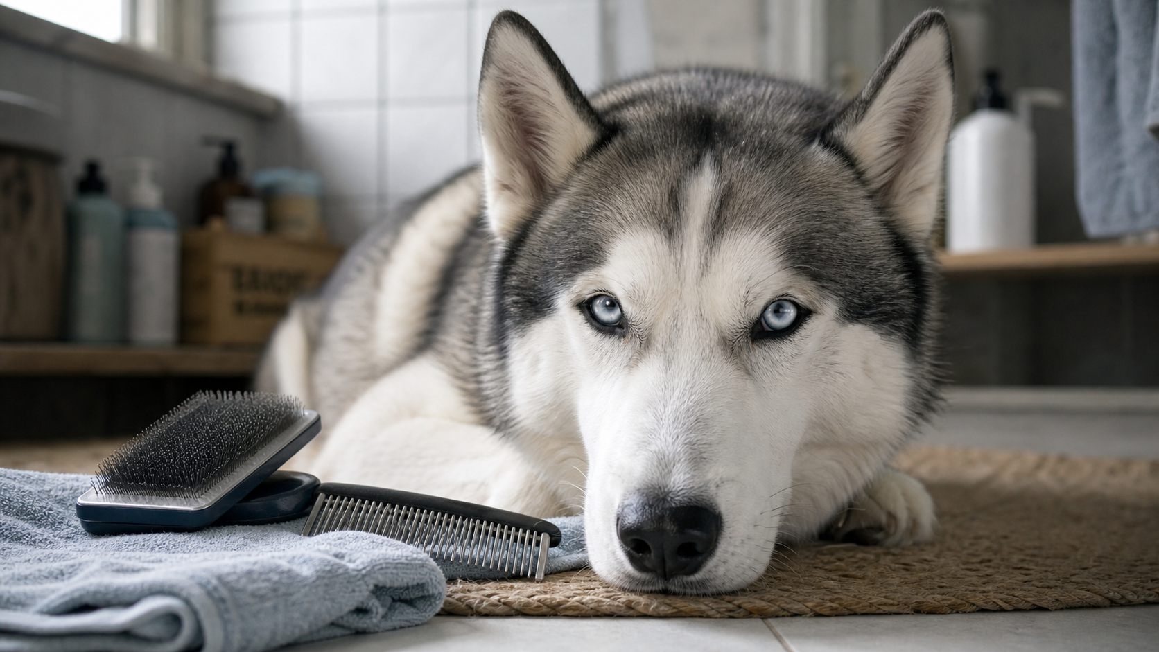 Chien gris blanc bicolore, poil soigné et brosse en toile