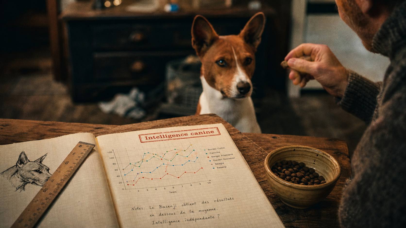 Chien le plus bête : Basenji défie l’ordre, carnet et croquettes.