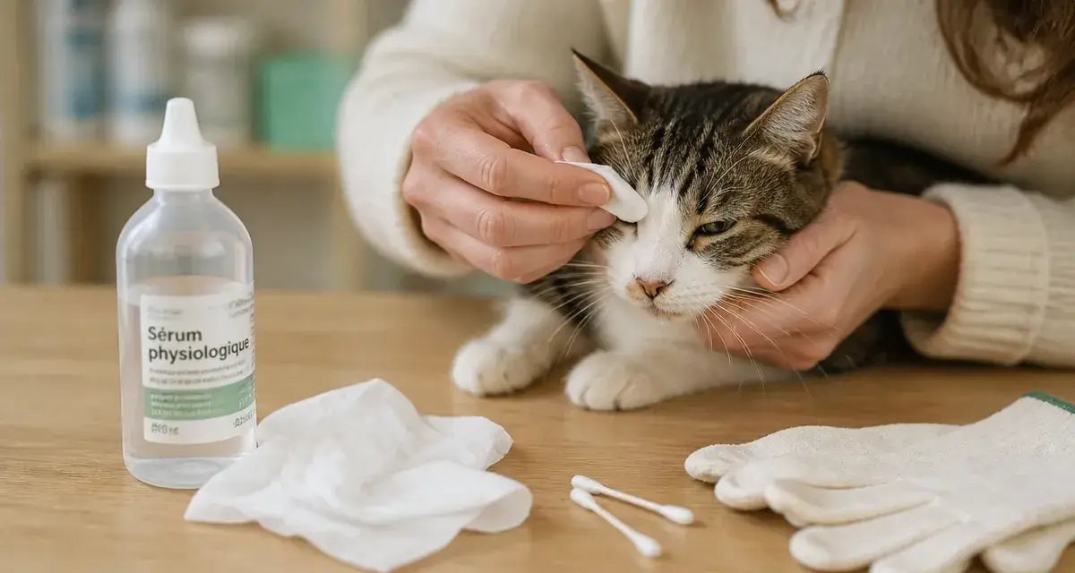 Conjonctivite chat traitement sans ordonnance : compresse sérum physiologique sur l’œil