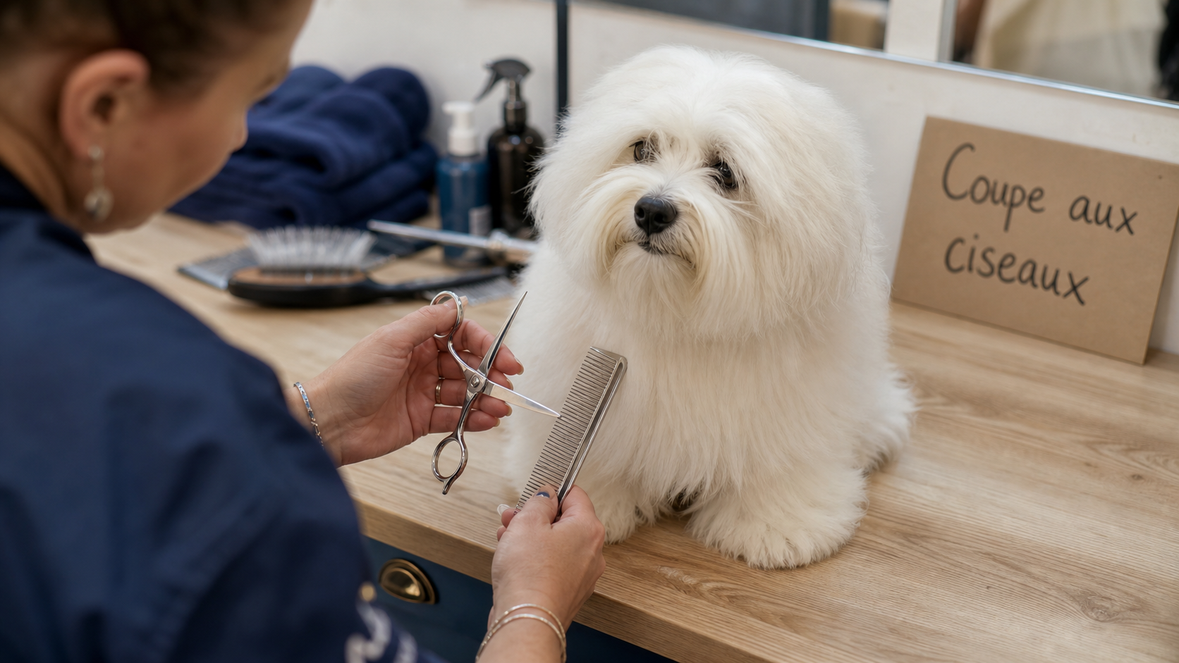 Coupe coton de tulear : ciseaux et peigne sur pelage blanc pour prévenir les nœuds