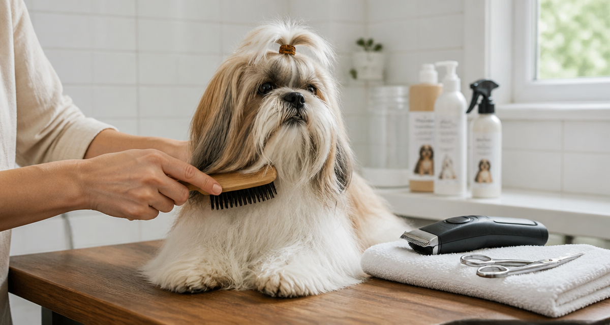 Coupe shih tzu tondeuse sur table de toilettage