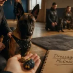 Dressage du Malinois : éducateur guide au harnais, travail à la friandise et au jouet