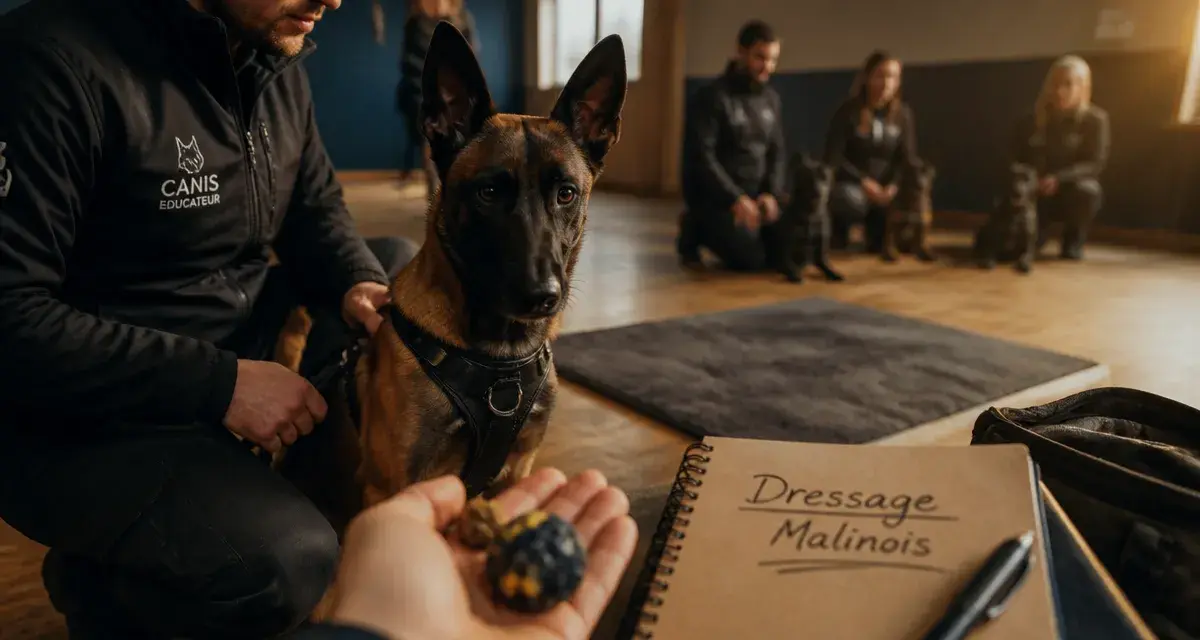 Dressage du Malinois : éducateur guide au harnais, travail à la friandise et au jouet