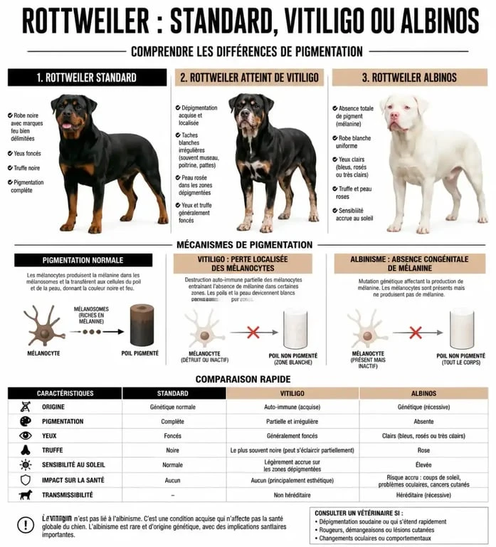Infographie comparative des causes de la robe blanche chez le Rottweiler