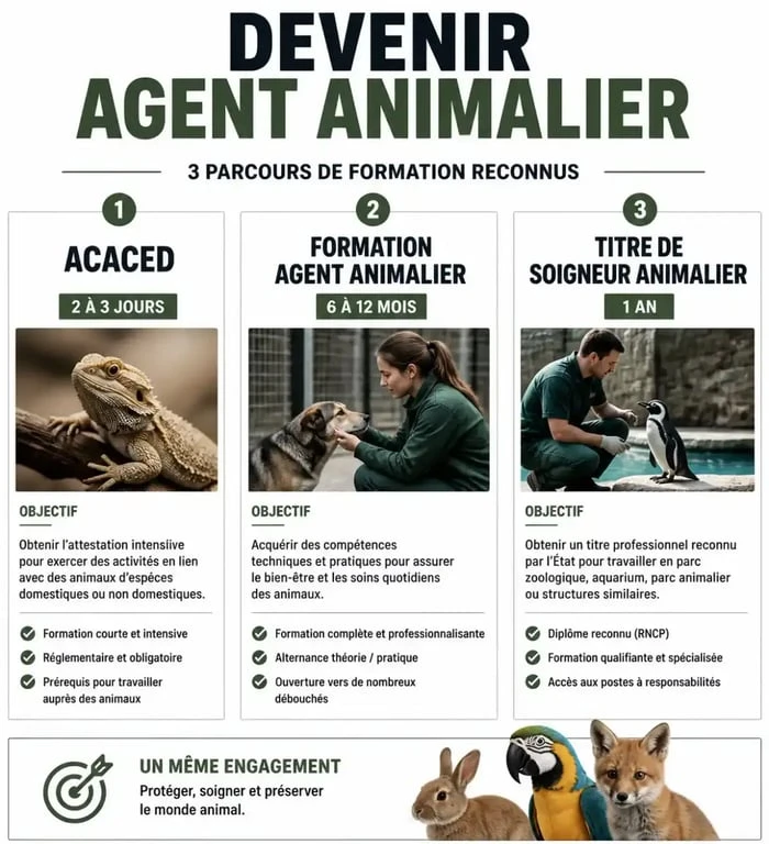 Infographie des parcours de formation pour devenir agent animalier et obtenir sa certification.