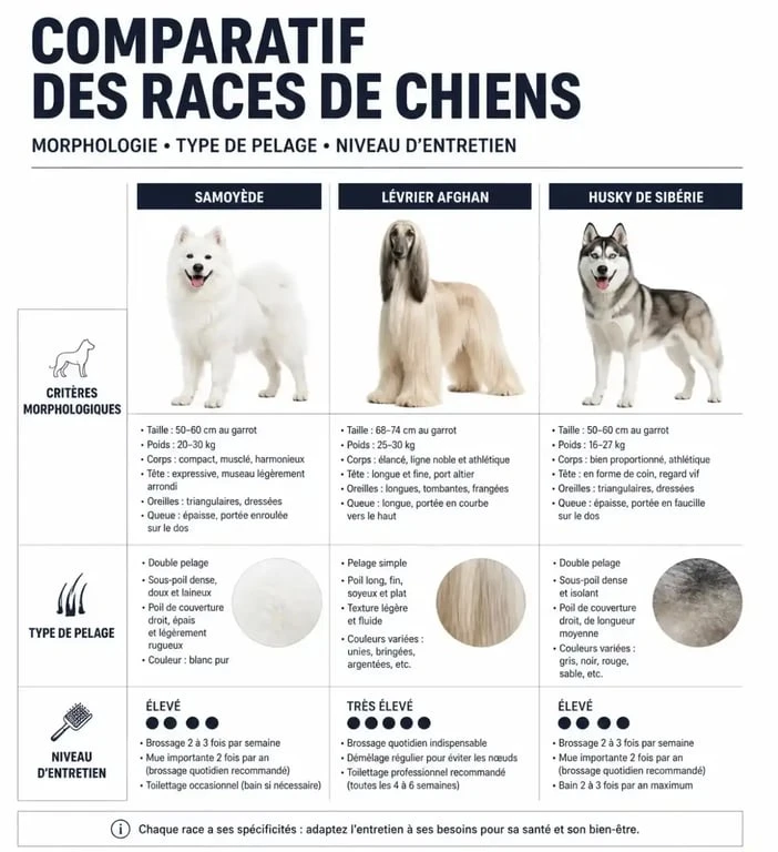 Infographie comparative des plus belles races de chiens au monde avec critères d'entretien et pelage