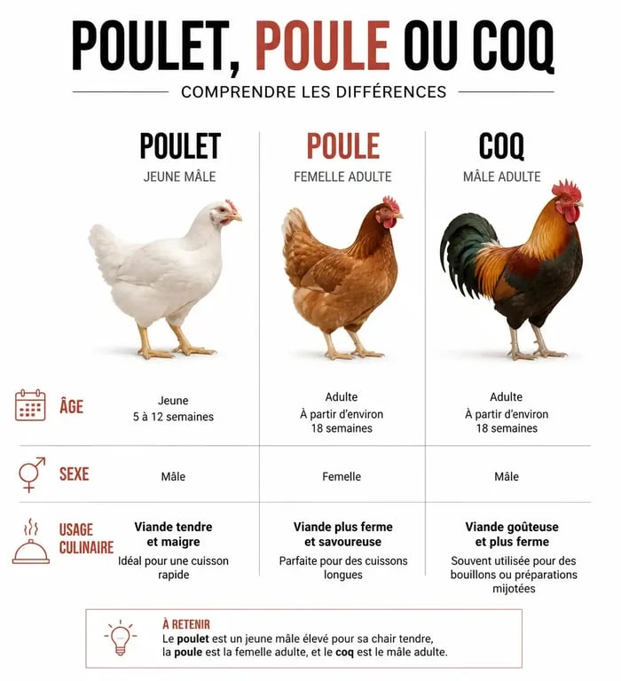 Infographie comparative illustrant la différence entre poulet, poule et coq pour la cuisine